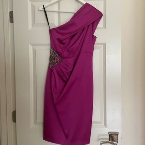 David Meister cocktail dress in Fushia pink with jeweled detailing.